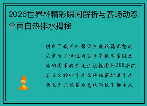 2026世界杯精彩瞬间解析与赛场动态全面自热排水揭秘