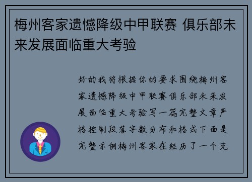 梅州客家遗憾降级中甲联赛 俱乐部未来发展面临重大考验